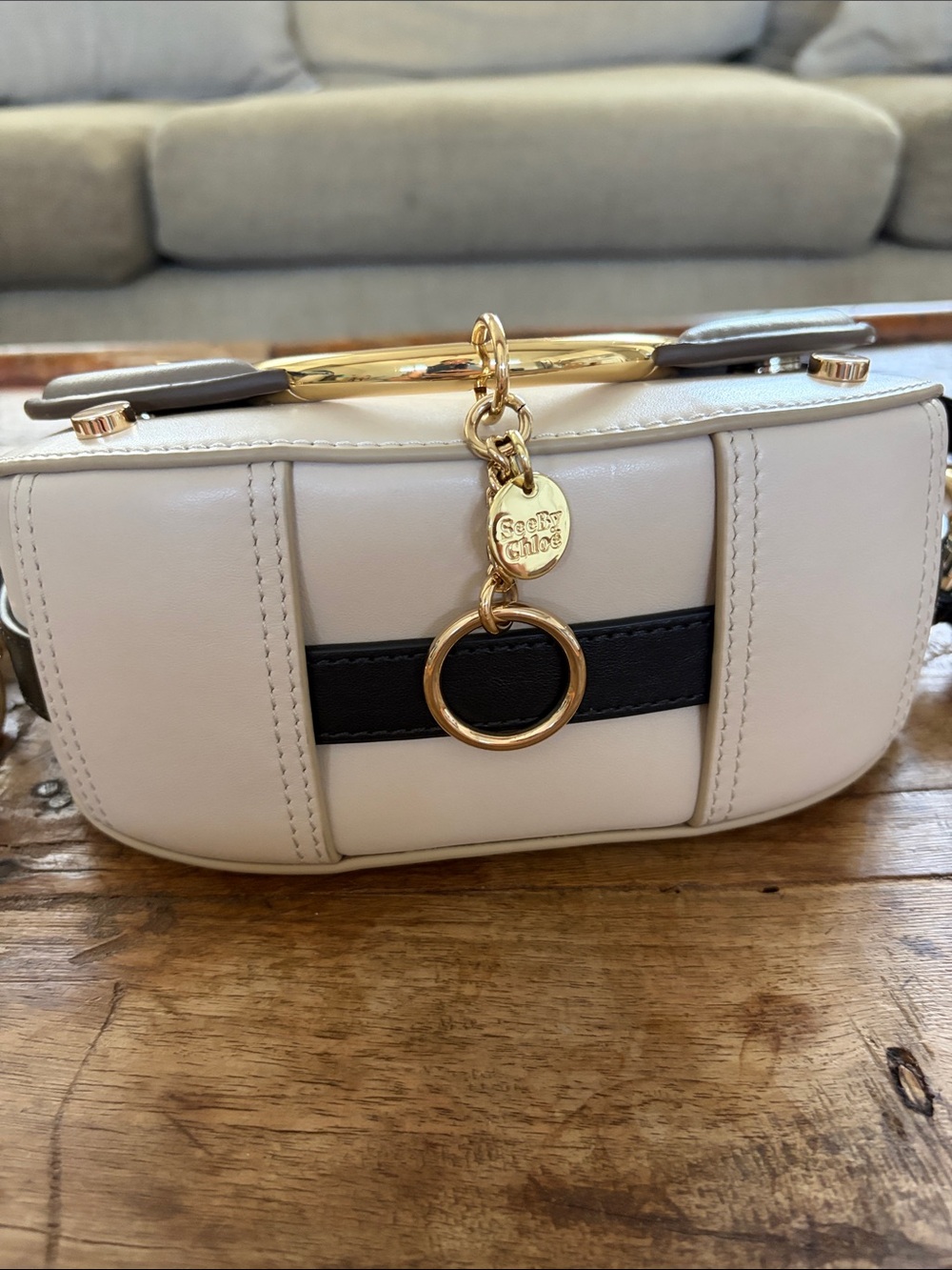 See By Chloé Two-Tone Taupe & Cream Saddle Crossbody with Gold Ring - Picture 2 of 7